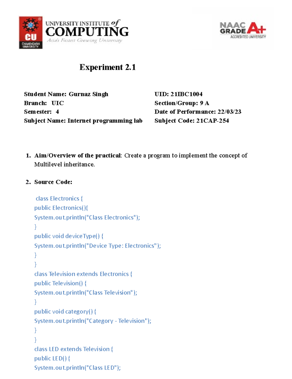 Sample Worksheet - plz provide - Experiment 2. Student Name: Gurnaz ...