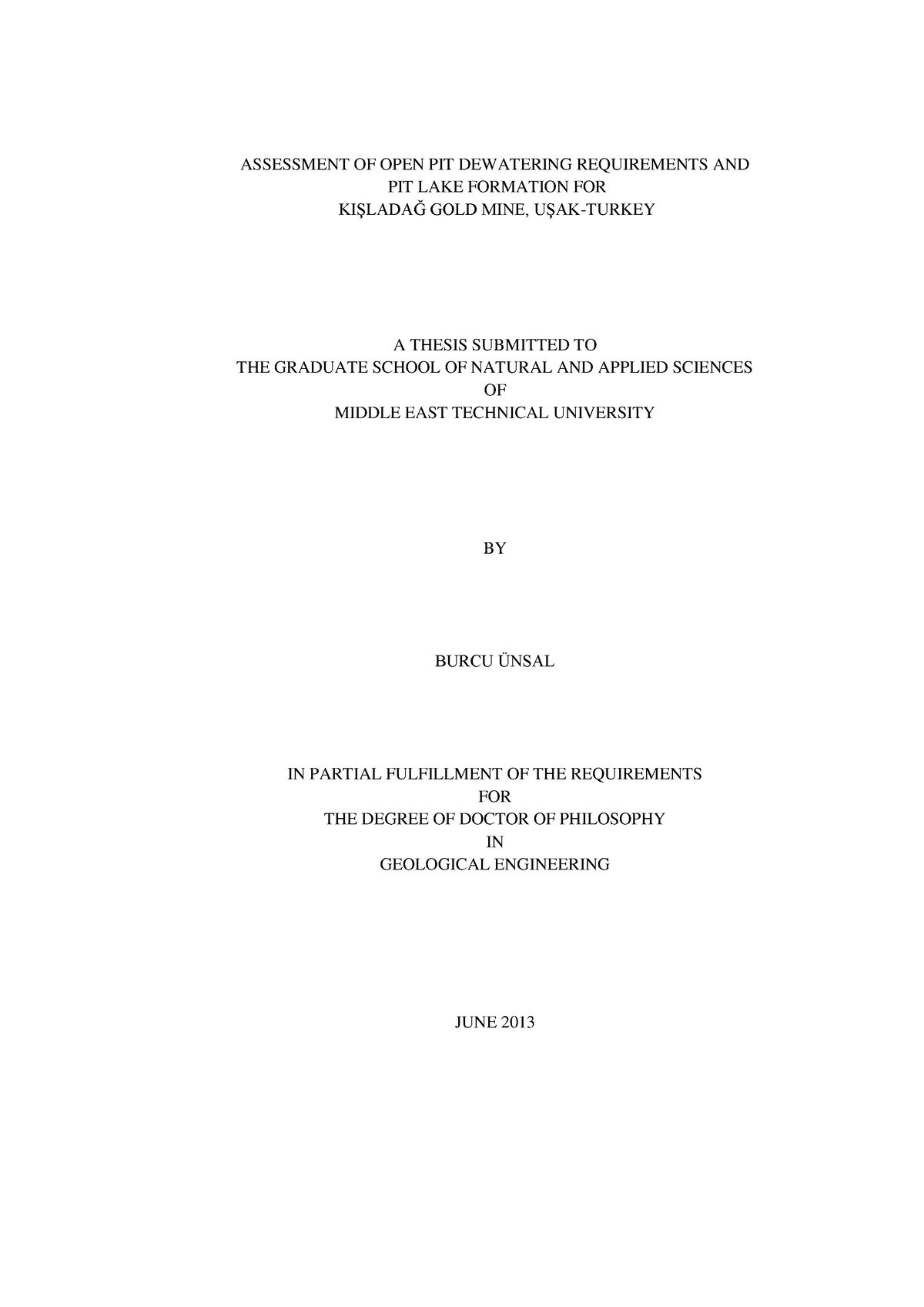 Index - ASSESSMENT OF OPEN PIT DEWATERING REQUIREMENTS AND PIT LAKE ...