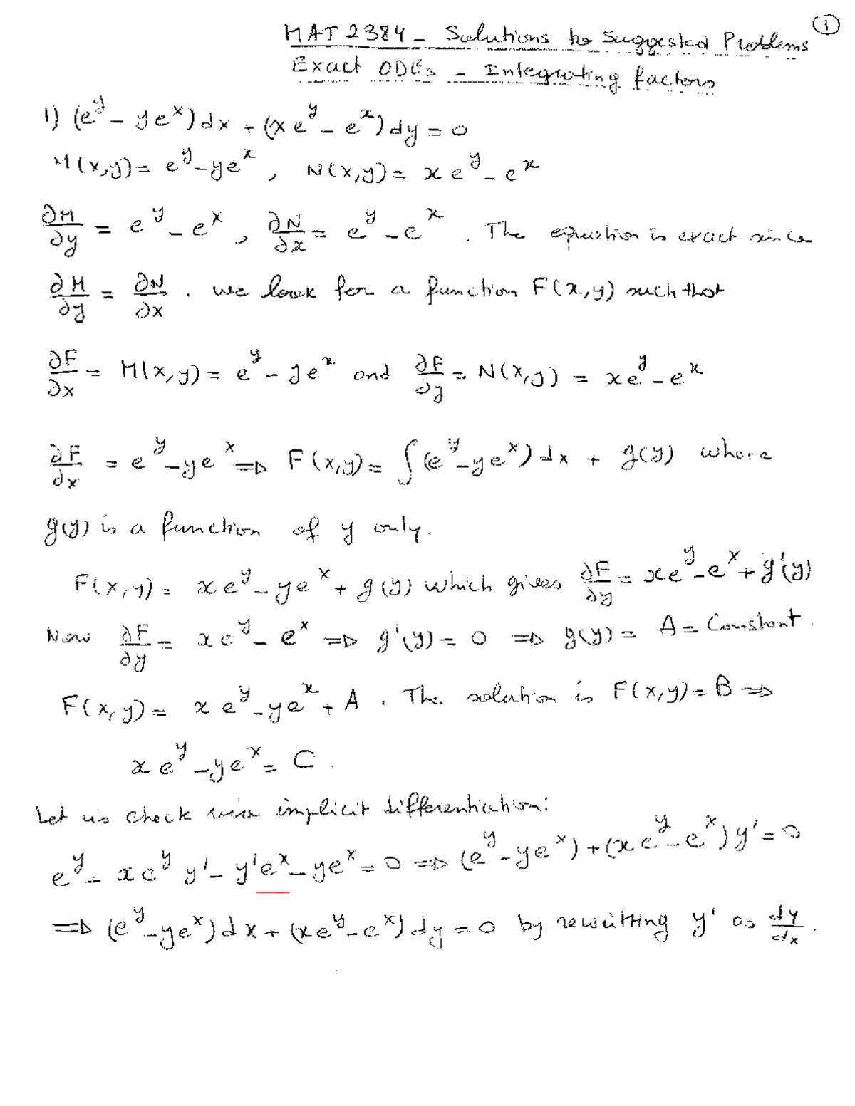 Sol exact - 1 MAT 2384 Solutions to Suggested Problems Exact. ODE3 ...