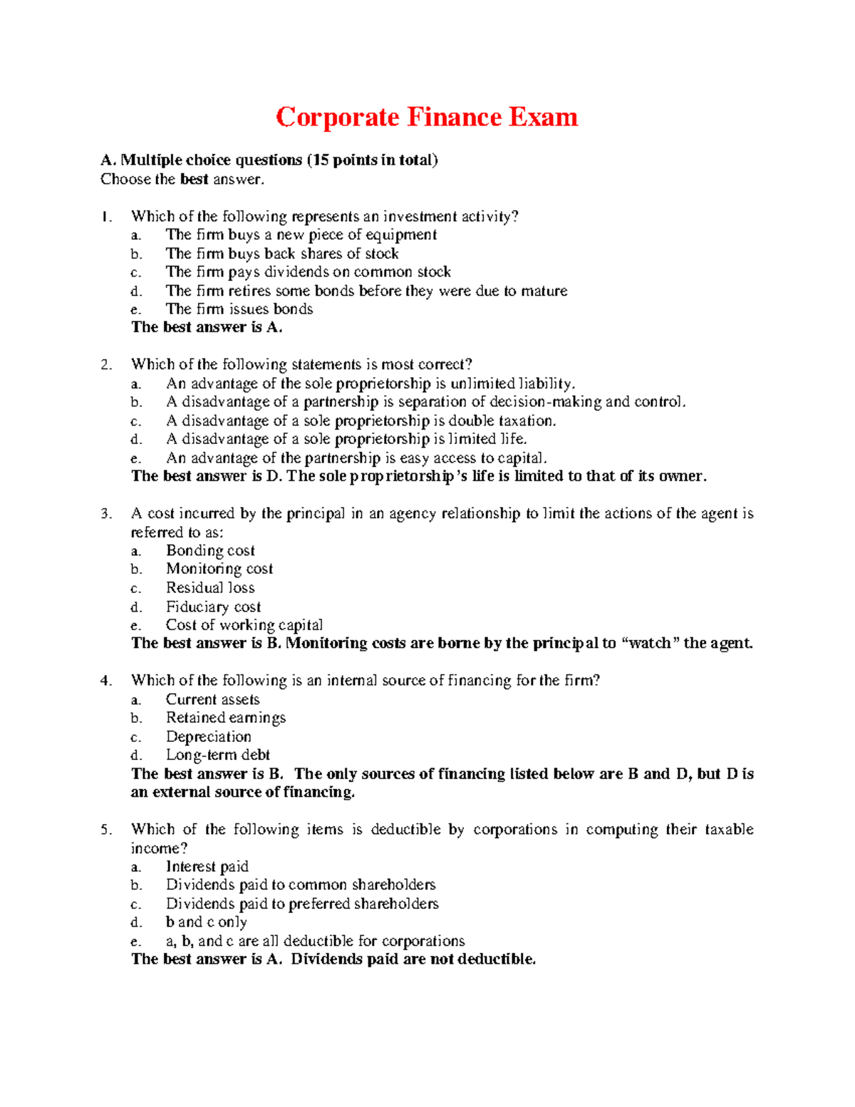 Corporate Finance Exam2 Multiple choice questions (15 points in