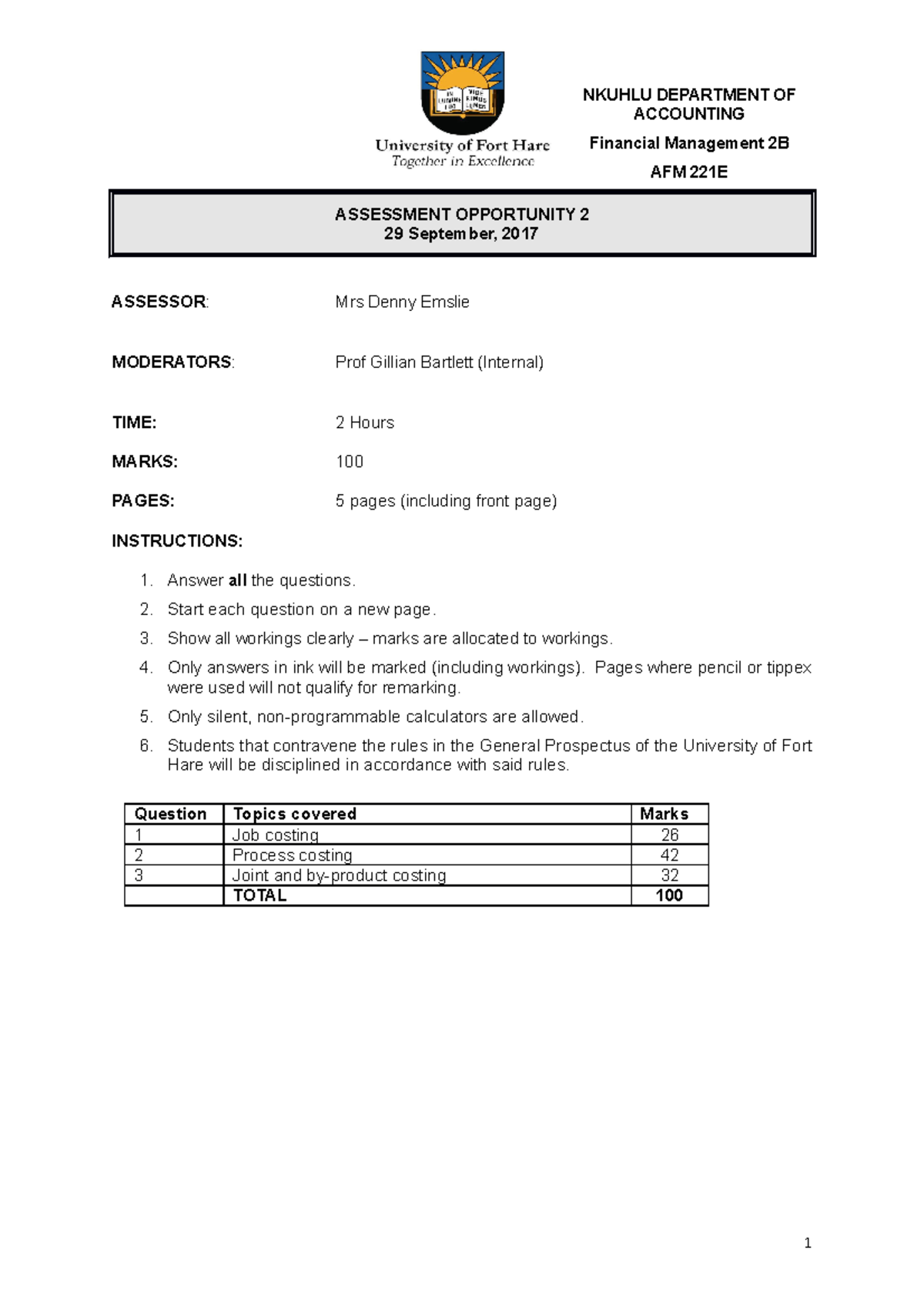 AFM 221E Test 2 2017 - Tutorial Test 2 - NKUHLU DEPARTMENT OF ...