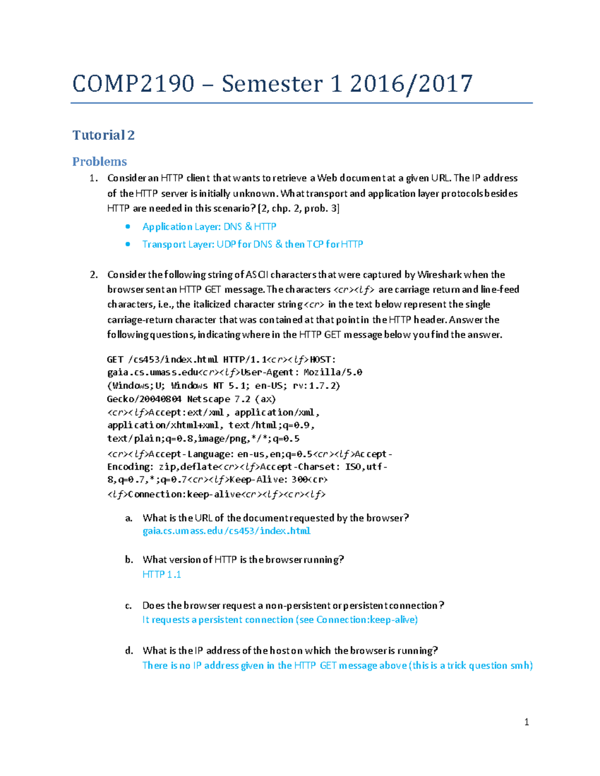Tutorial 2 Answers - COMP2190 – Semester 1 2016/ Tutorial 2 Problems ...