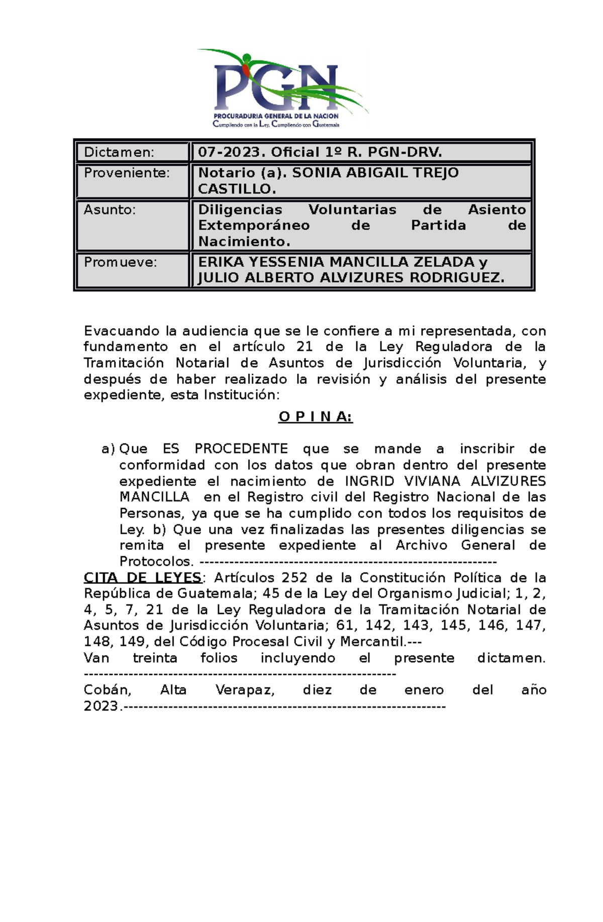 Asiento Extemporaneo 7 Dictamen 072023. Oficial 1º R. PGNDRV