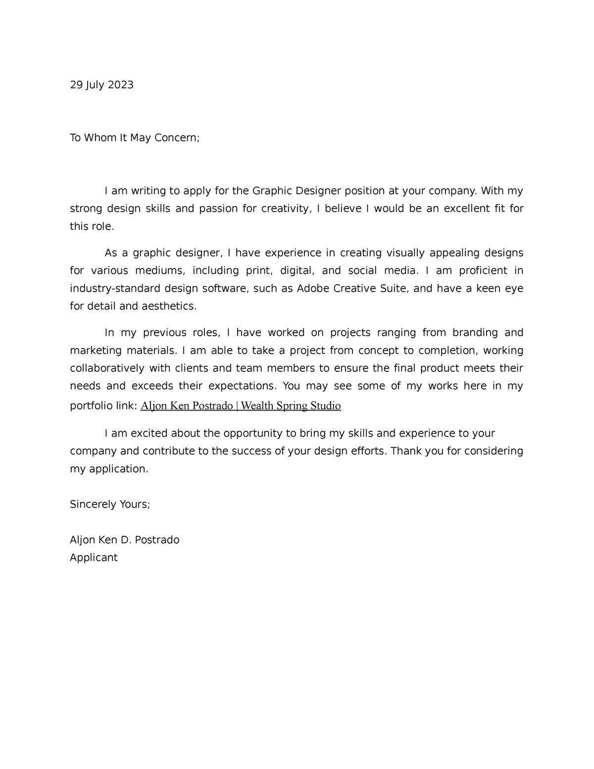 Cover letter (Graphic Designer) - 29 July 2023 To Whom It May Concern ...