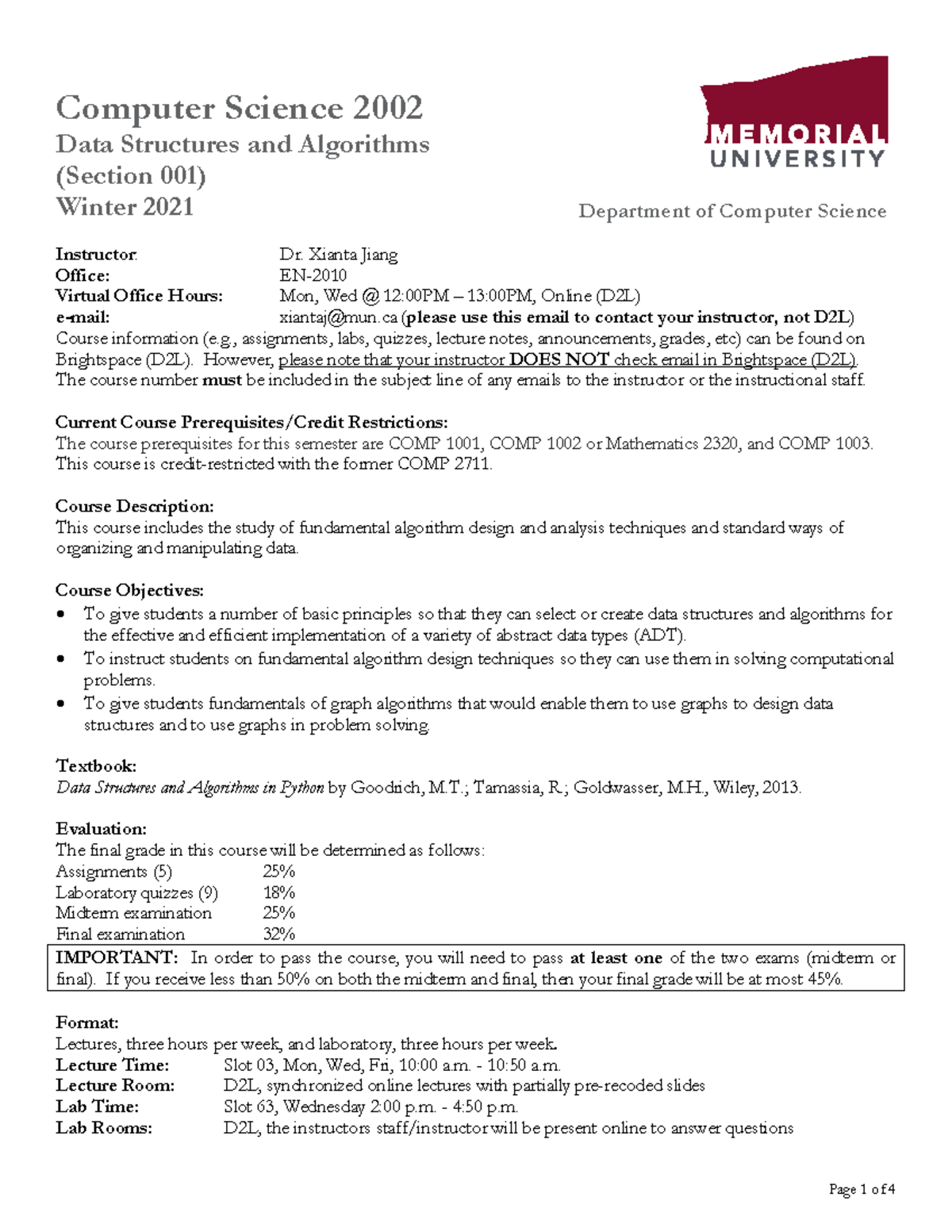 Cs2002 Course Outline W2021 - Comp 2002 - Memorial University - Studocu