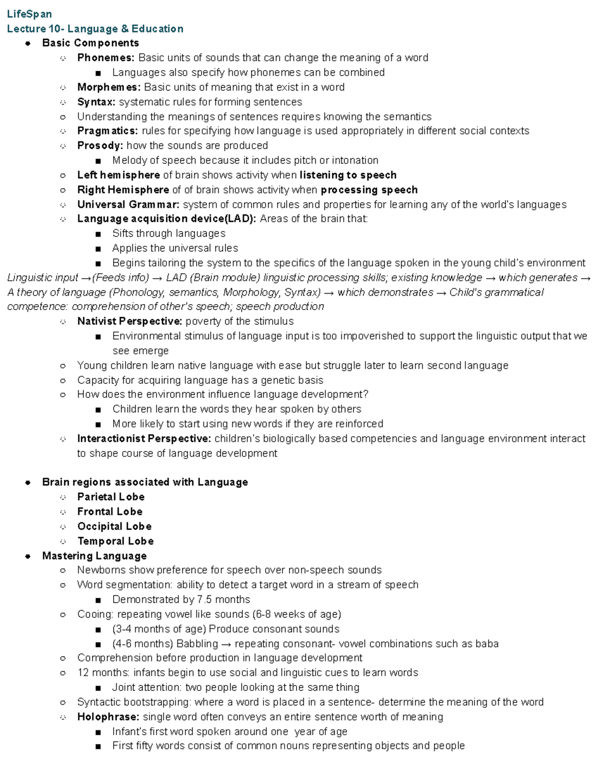 Copy of Exam 3 Life Span LifeSpan Lecture 10 Language & Education
