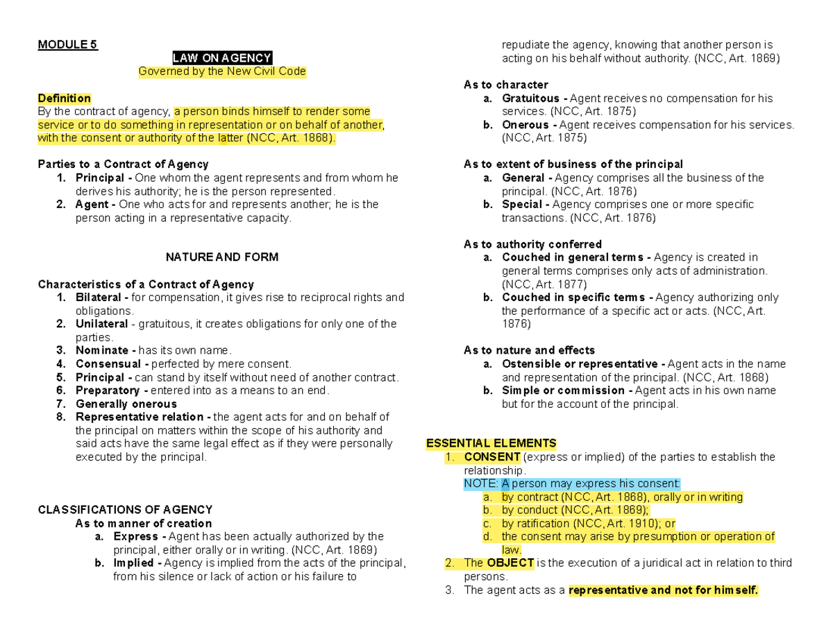 RFLB Finals Reviewer MODULE 5 LAW ON AGENCY Governed by the New