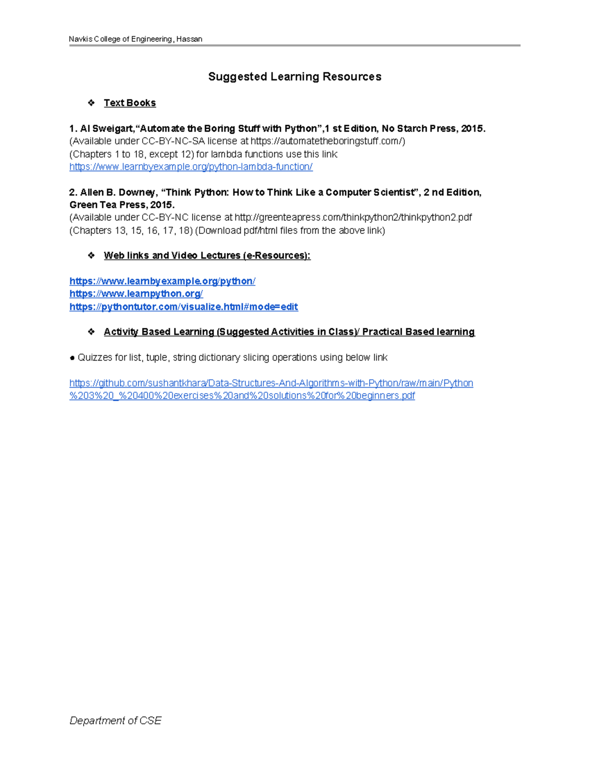 Module-1 - Suggested Learning Resources Text Books 1. Al Sweigart ...