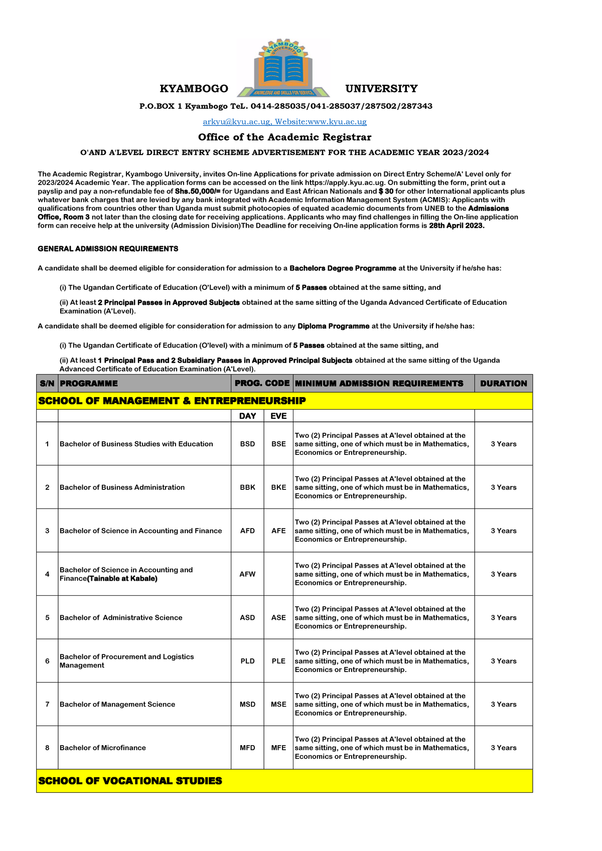 Graduate Studies Advert 2023 2024 Final - S/N PROGRAMME MINIMUM ...