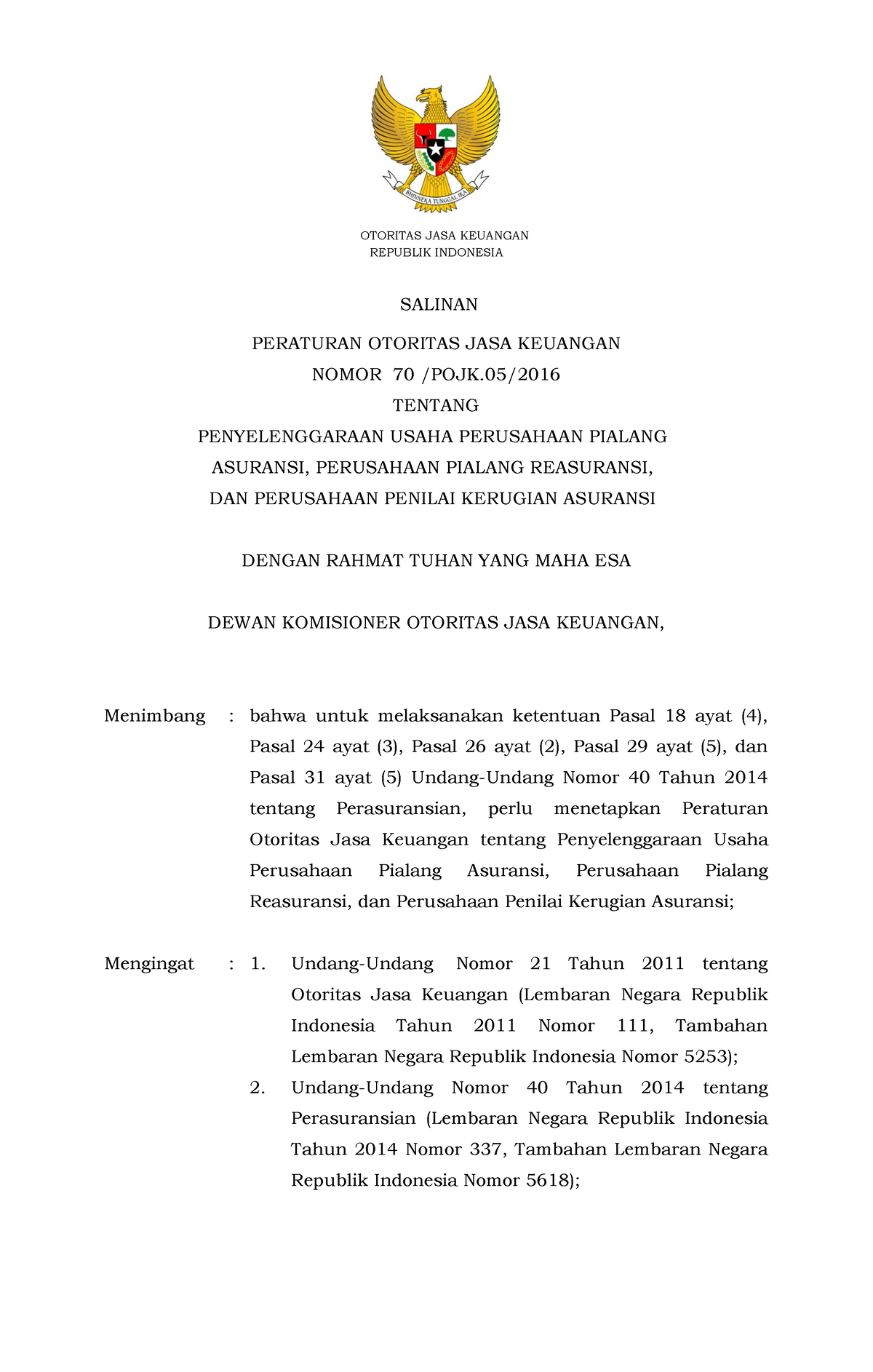 POJK Nomor 70 Tahun 2016 - OTORITAS JASA KEUANGAN REPUBLIK INDONESIA ...