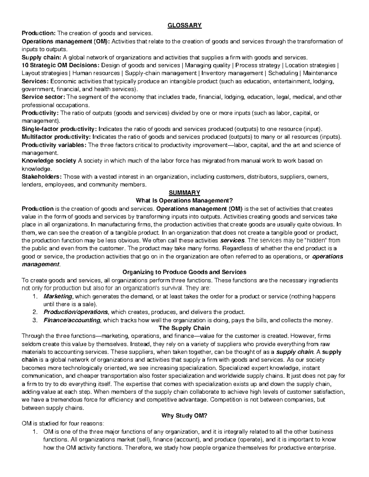 Chapter 1,3 and 4 Notes - GLOSSARY Production: The creation of goods ...
