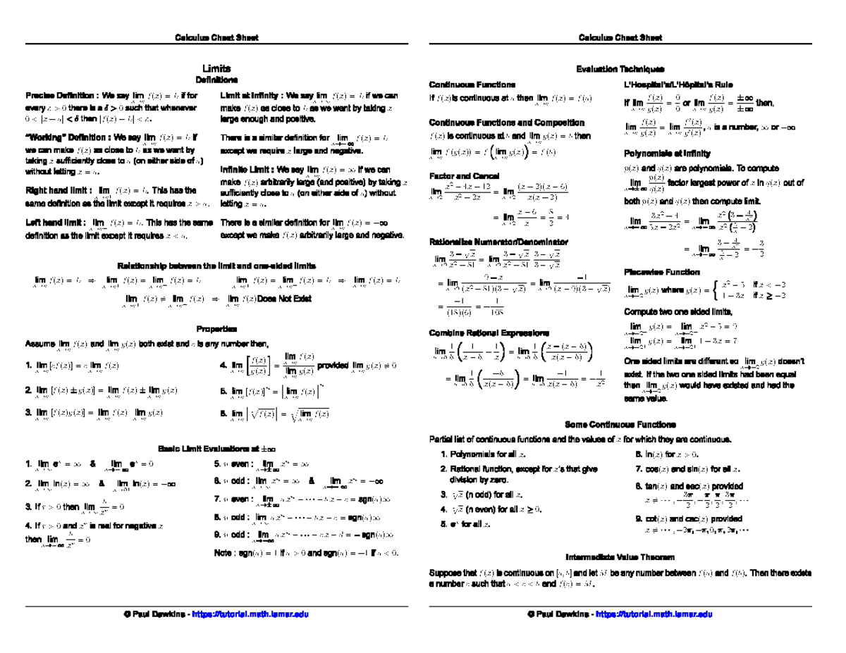 Calculus Cheat Sheet Limits Reduced - - Studocu