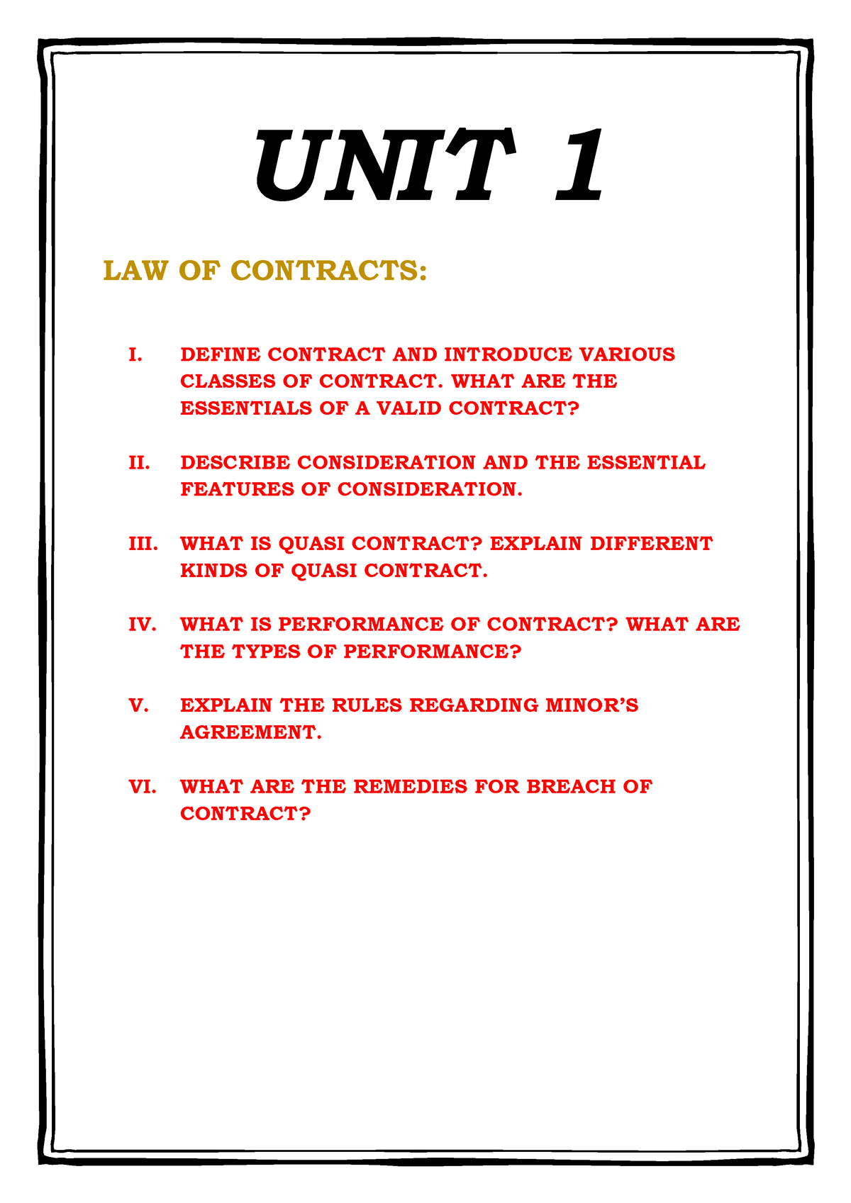 LAW-UNIT-1 - Law Notes - UNIT 1 LAW OF CONTRACTS: I. DEFINE CONTRACT ...