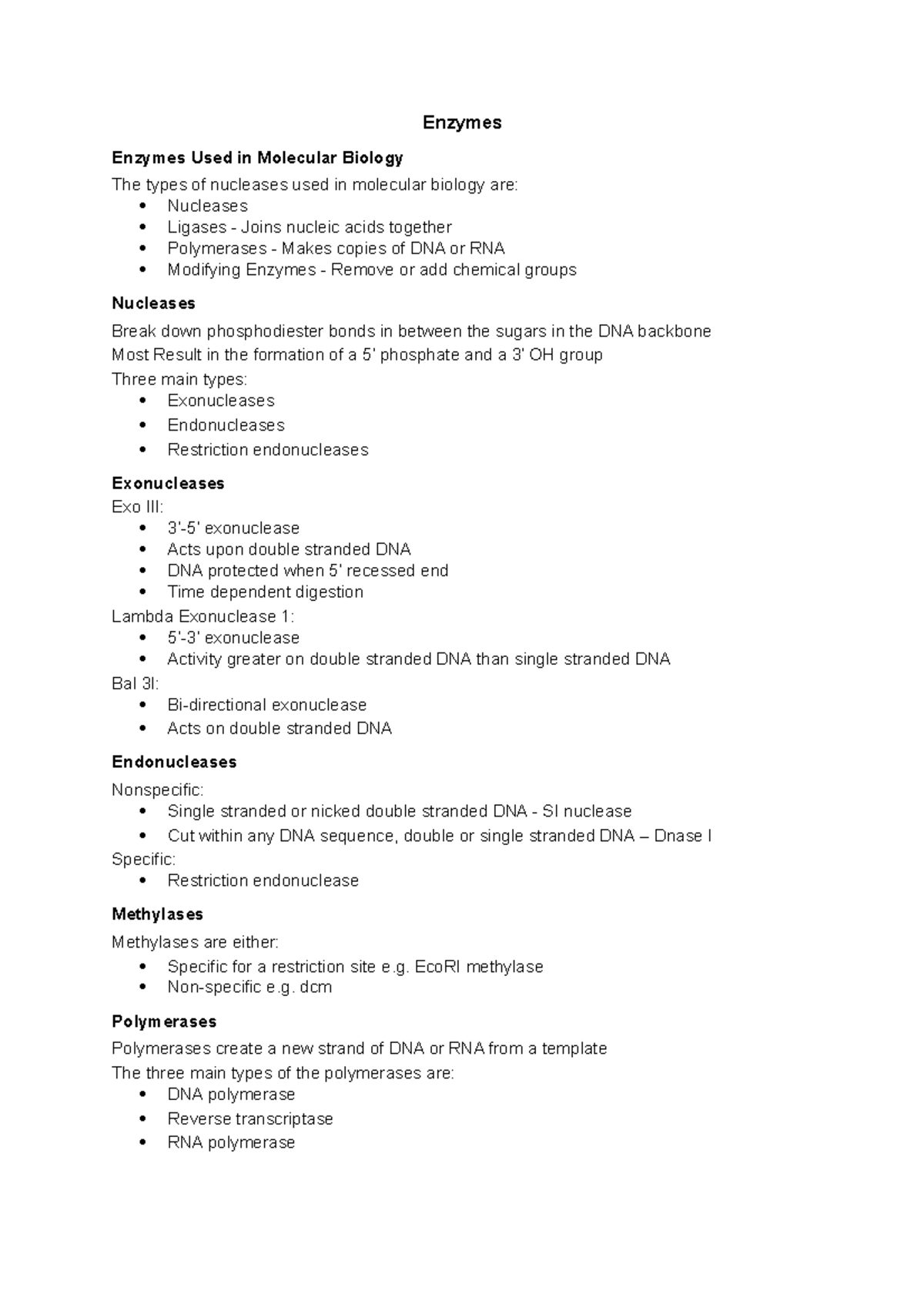 Enzymes 1 & 2 - Lecture notes 1 - Enzymes Enzymes Used in Molecular ...