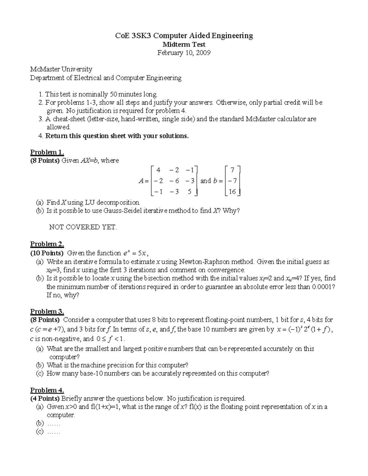 Sample questions - notes - CoE 3SK3 Computer Aided Engineering Midterm ...
