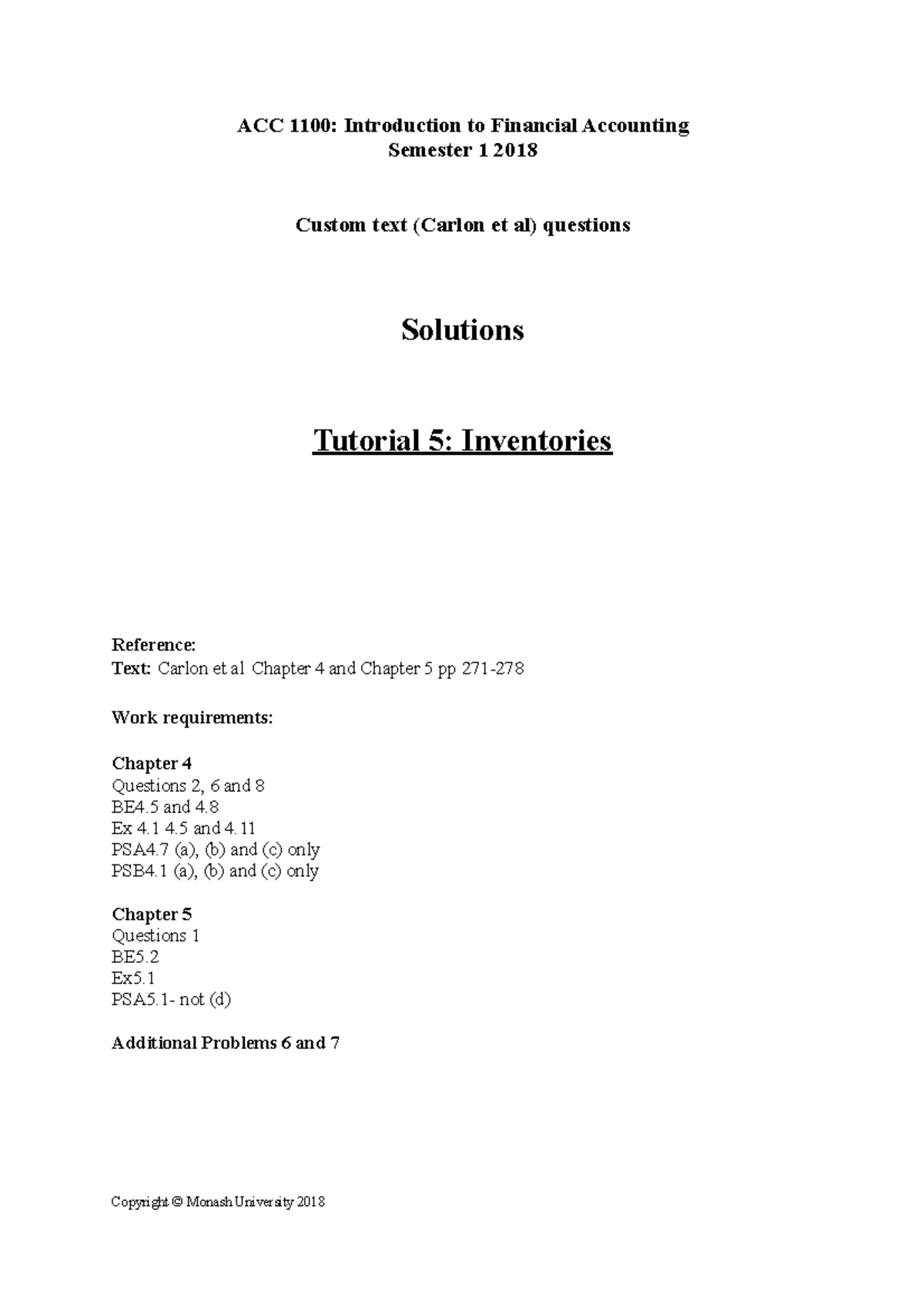 Tutorial 5 ACC ACF1100 S1 2018 - ACC 1100: Introduction to Financial ...