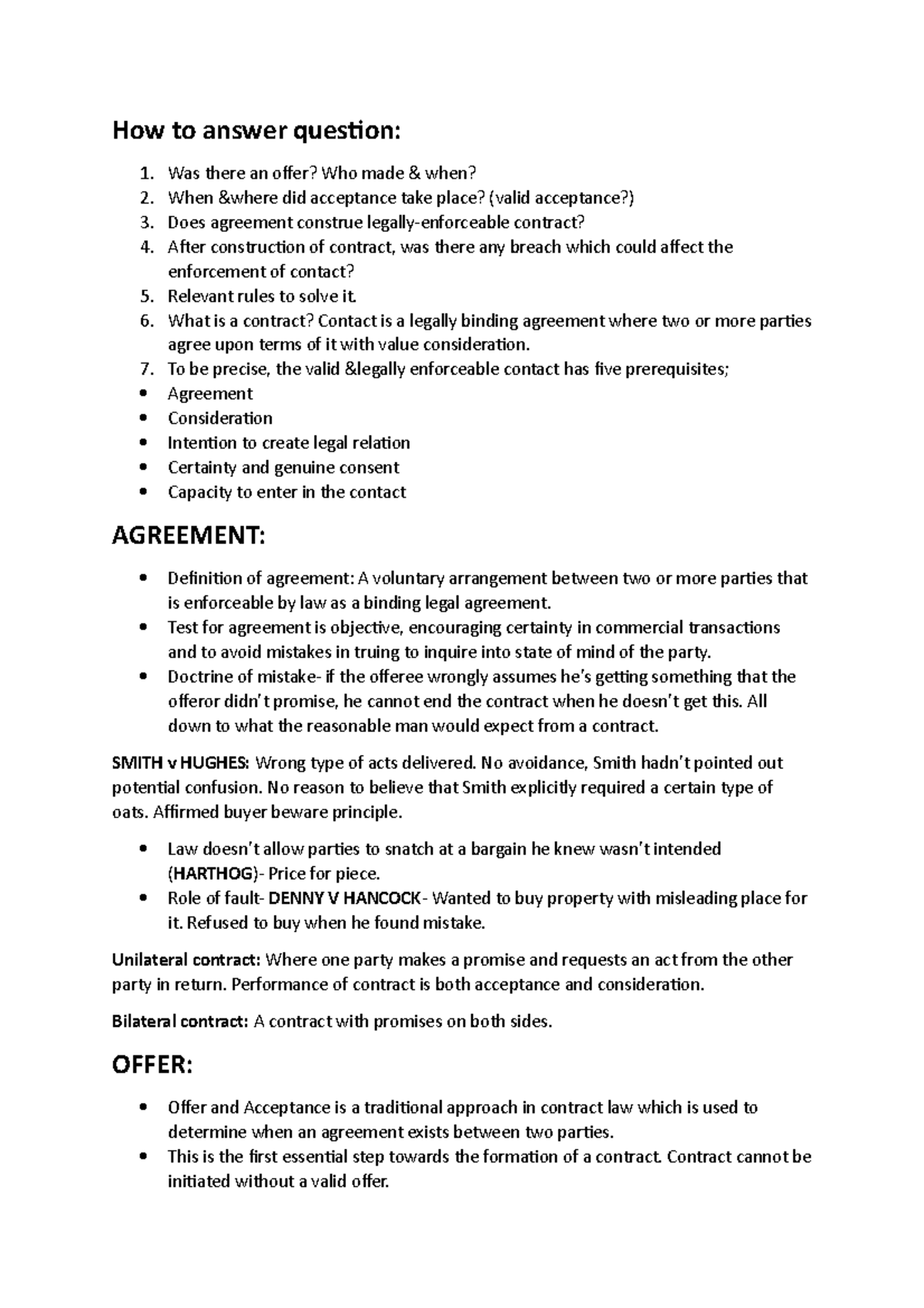 Agreement - Contract Law - How to answer question: Was there an offer ...