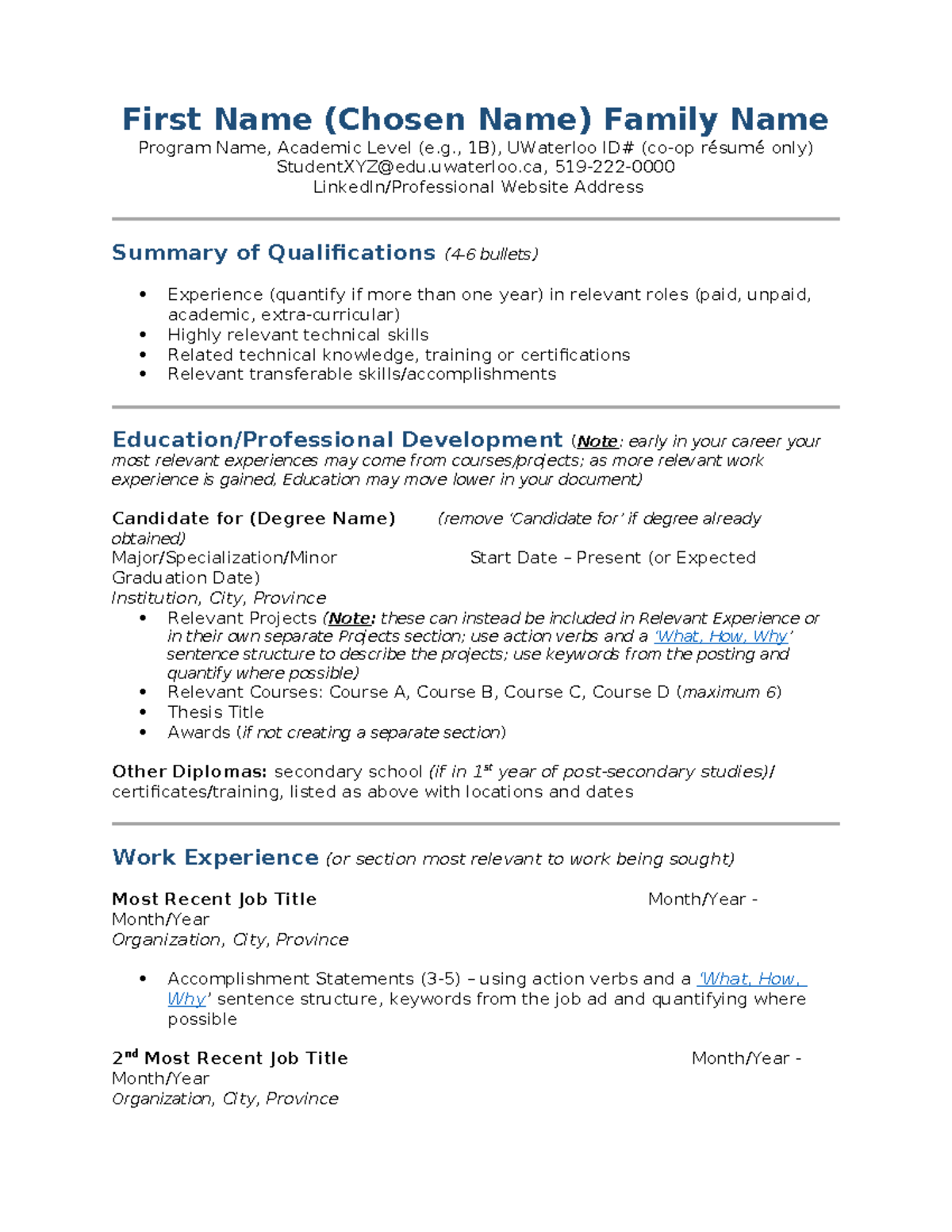 Chronological Resume Template - First Name (Chosen Name) Family Name ...