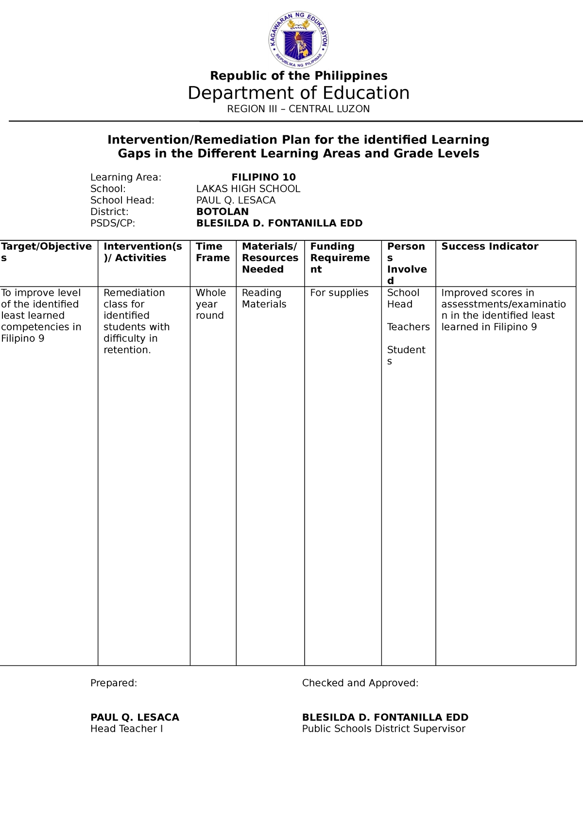 Filipino Secondary Regional Diagnostic Assessment Intervention ...