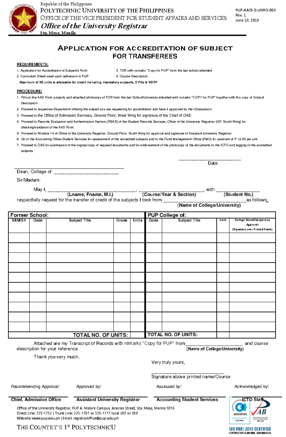 Accreditation FORM FOR Transferee - Office of the University Registrar ...