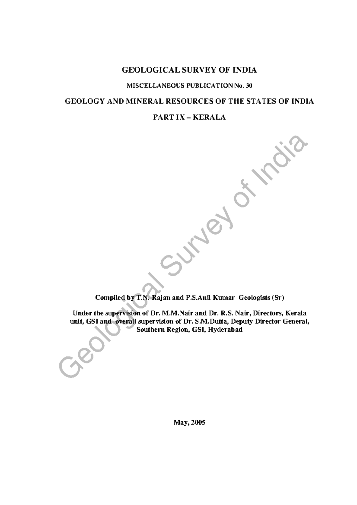 Report Kerala State Geology and Mineral Maps Geological Survey of India ...