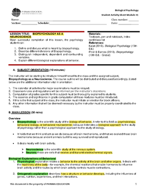 P2 - Module 9-16 Biopsychology - Student Activity Sheet Module # Name ...
