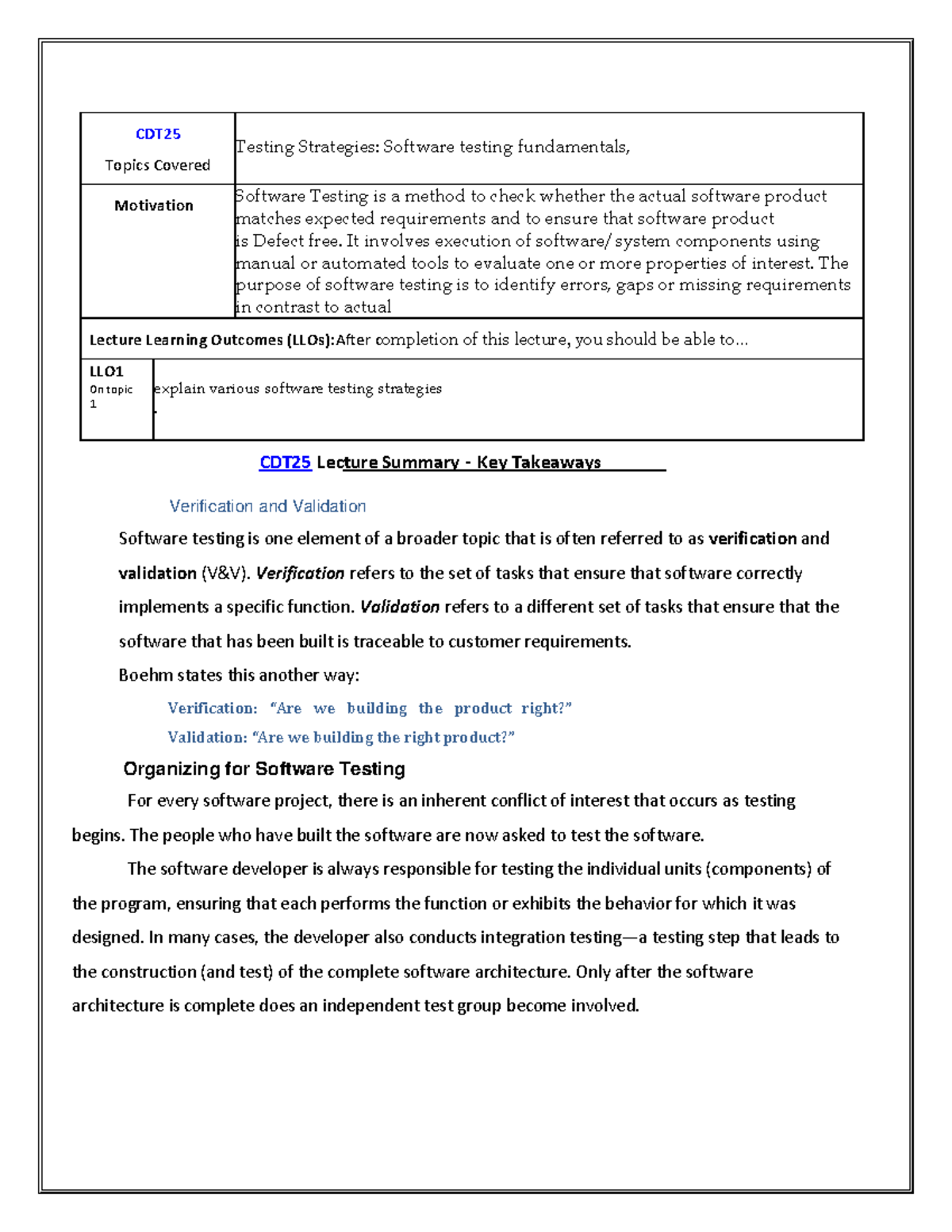 Software testing fundamentals CDT Topics Covered Testing Strategies