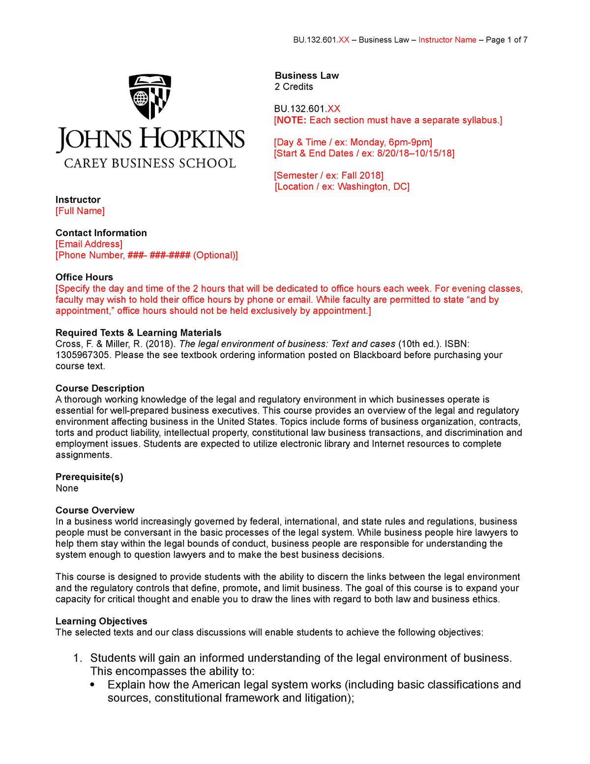 B Law Jhns Hopksins - Course Of Law - Business Law 2 Credits BU.132.601 ...