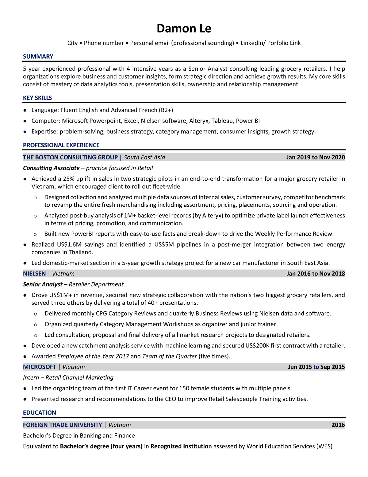 Sample CV - Damon Le - Retail Senior Analyst Role - Damon Le City ...