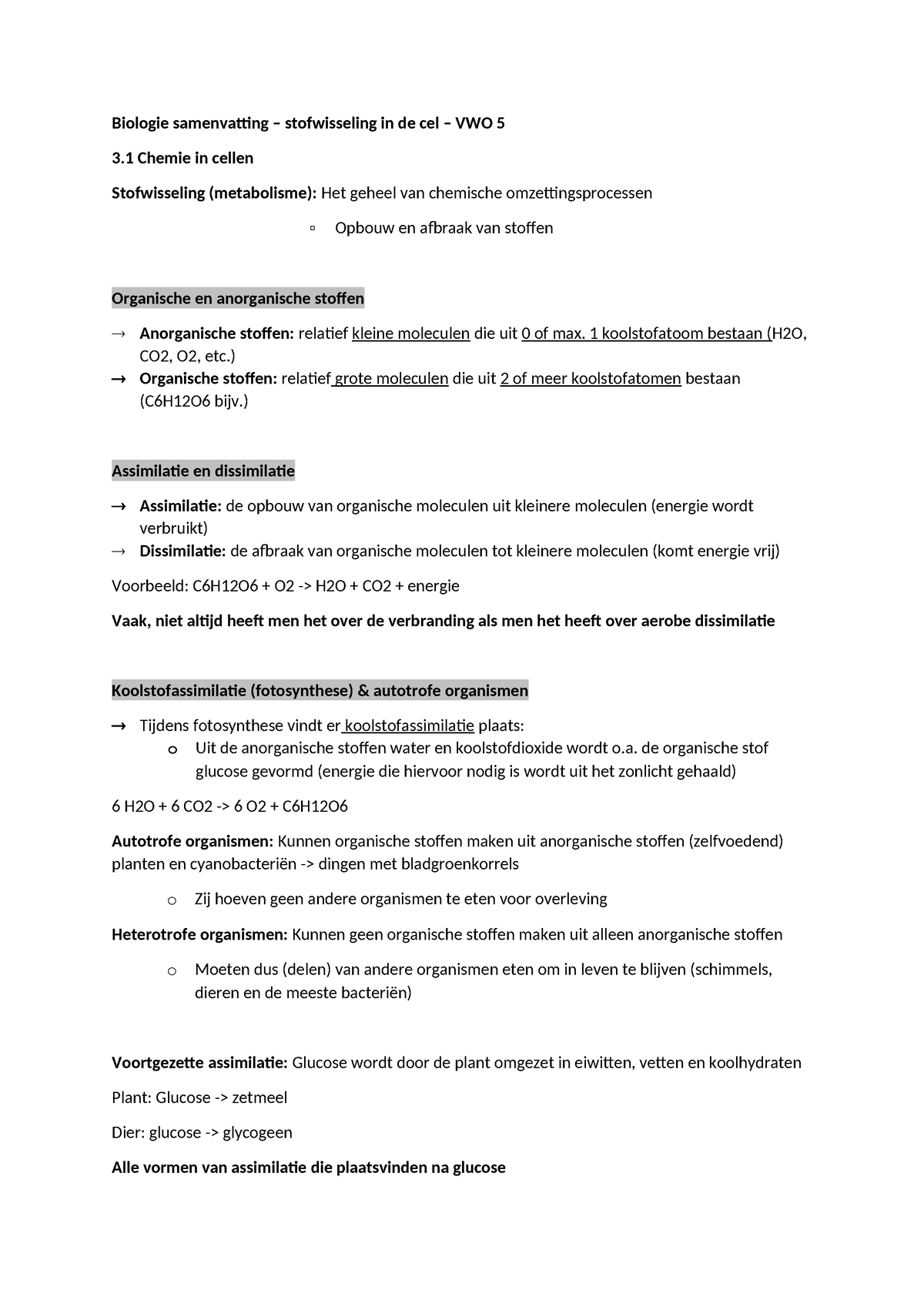 Biologie Samenvatting Stofwisseling In De Cel V5 1 Koolstofatoom