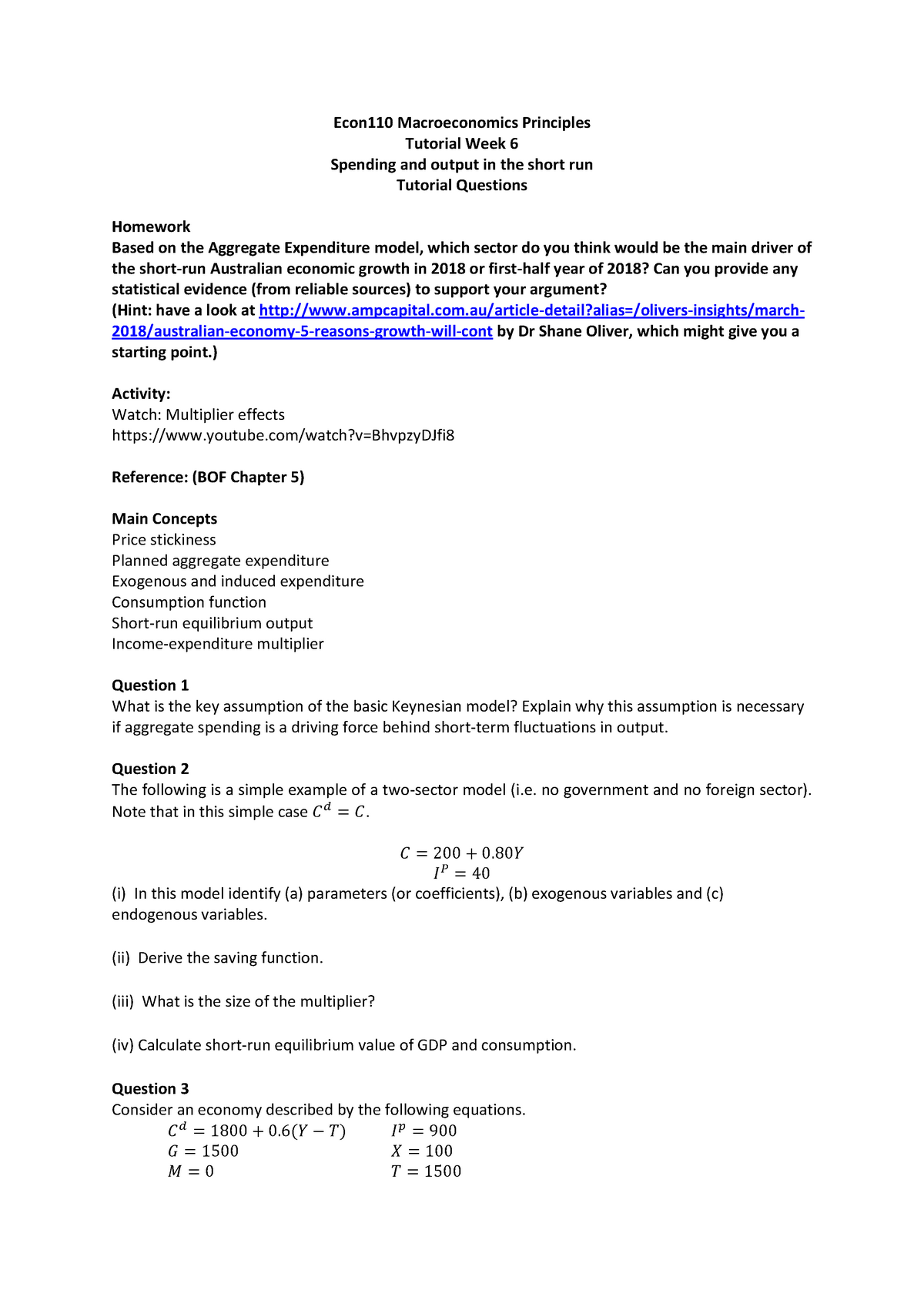 Tutorial Questions Week 6 S1 2018 - Econ110 Macroeconomics Principles ...