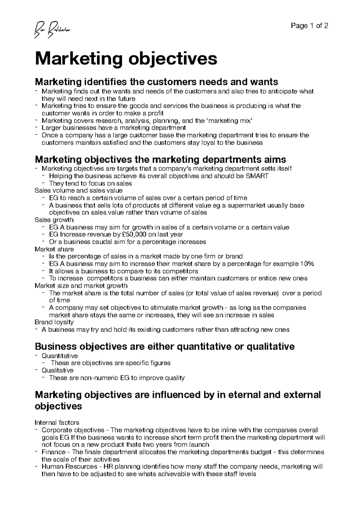 L7 - Marketing objectives - Page 1 of 2 Marketing objectives Marketing ...