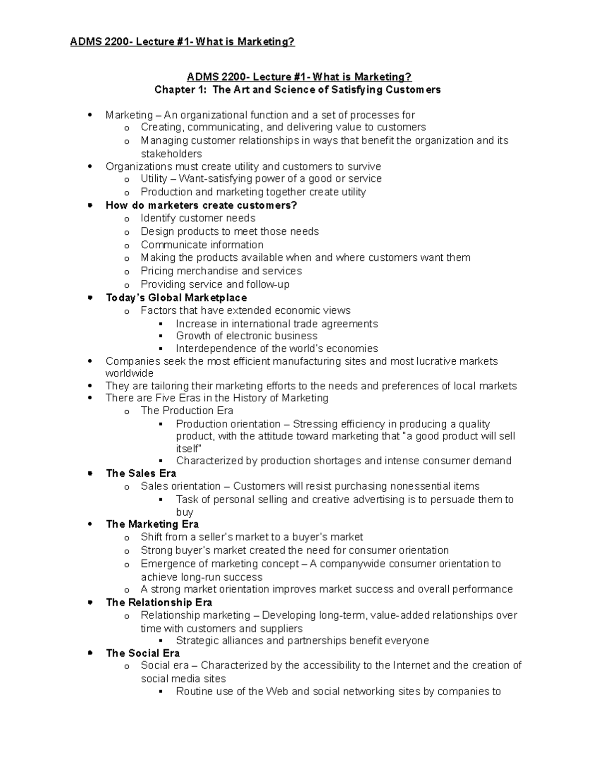 Lecture 1 - ADMS 2200- Lecture #1- What is Marketing? ADMS 2200 ...