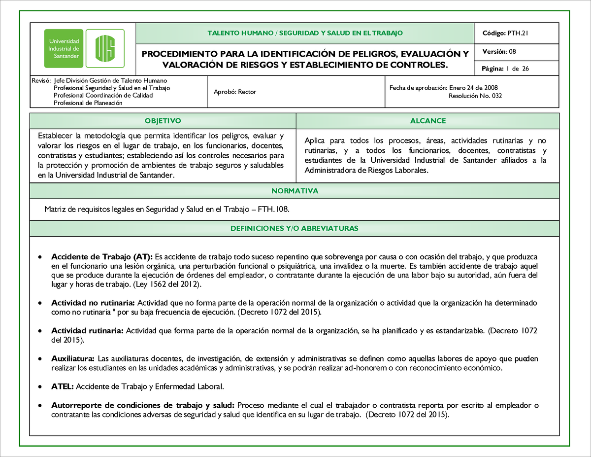 PTH - Ninguna - PROCEDIMIENTO PARA LA IDENTIFICACI”N DE PELIGROS ...