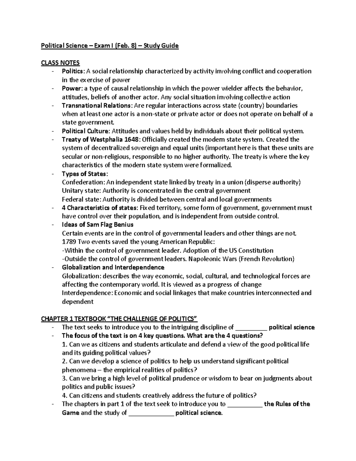 Political Science - Exam I - Political Science Exam I (Feb. 8) Study ...