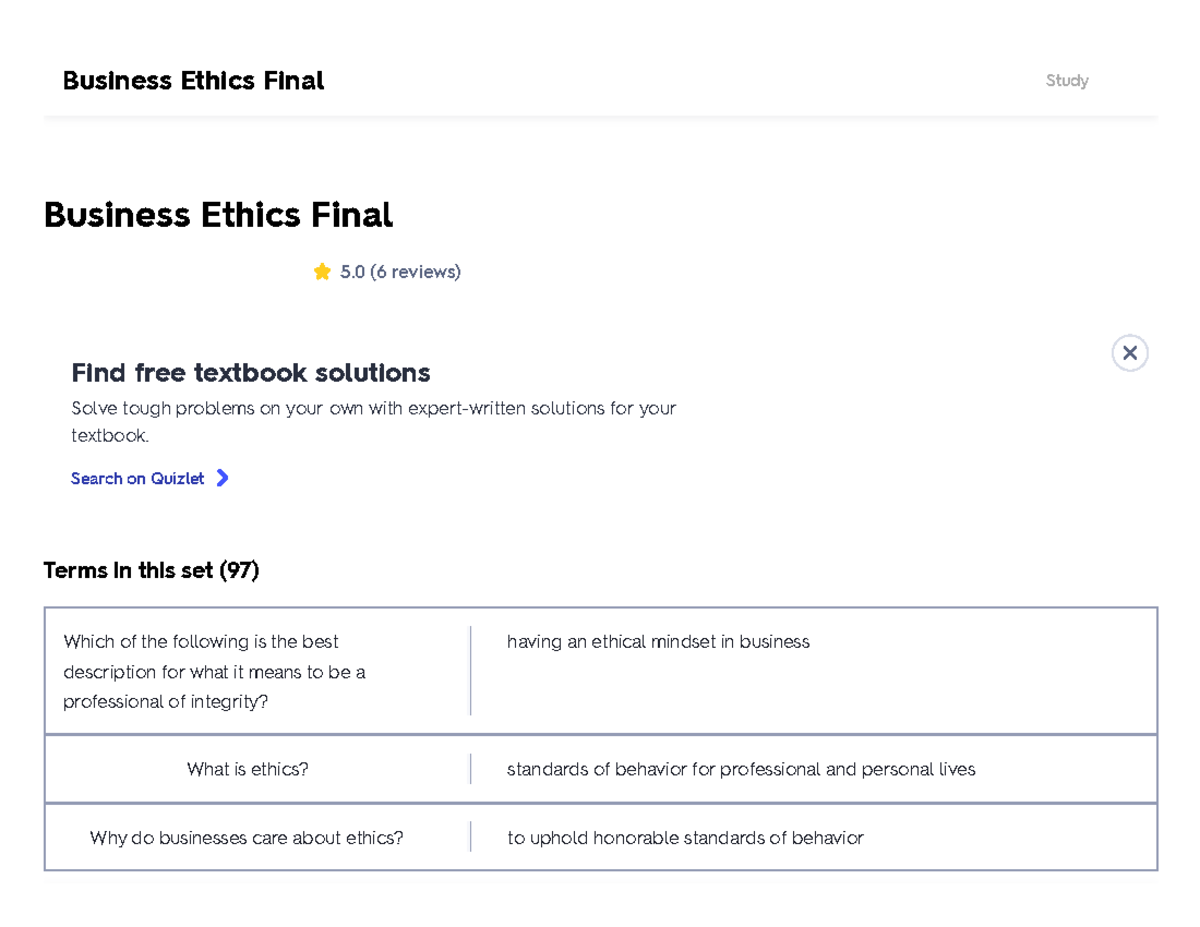 Quizlet combined for Final Exam Upgrade Business Ethics Final 5 (6