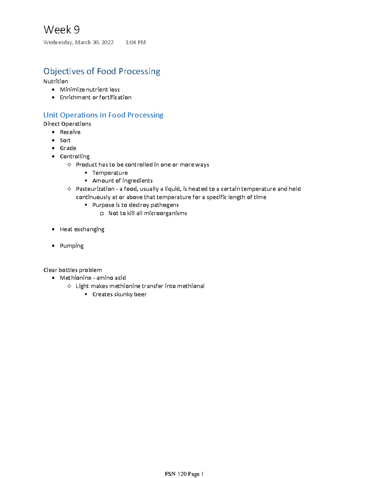 Introduction to Food Science 120 Week 9 Objectives of Food