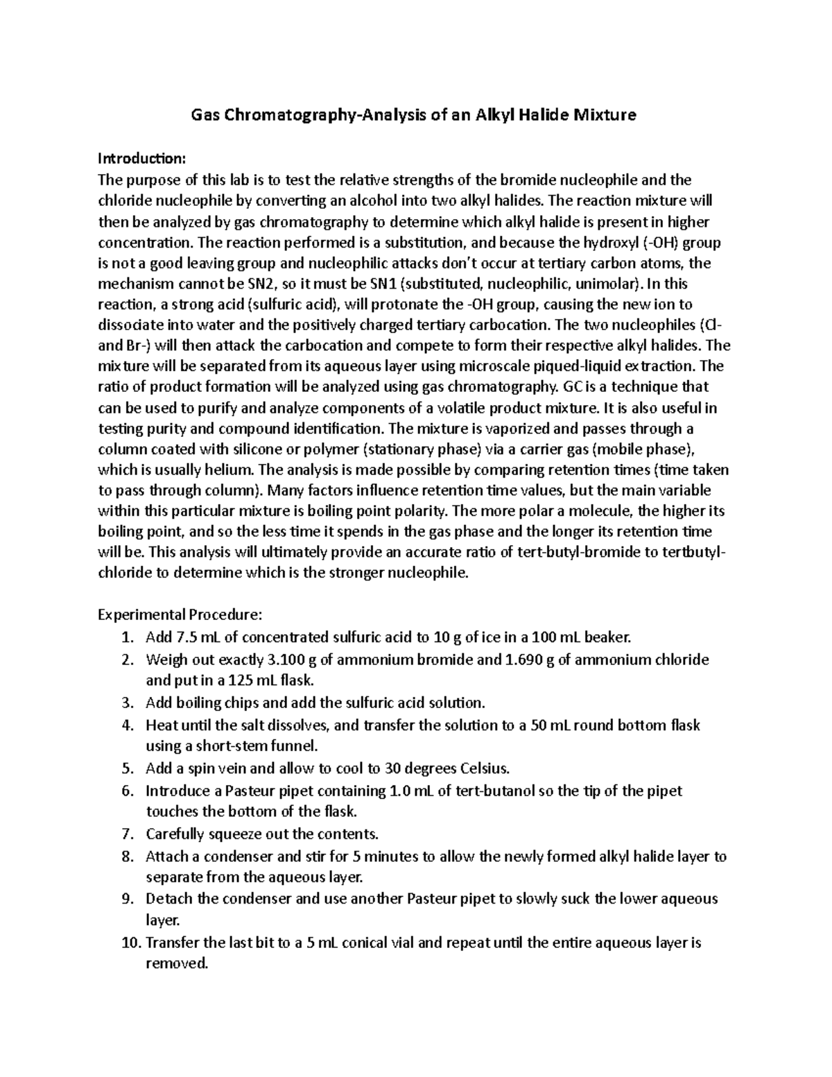 Exp 9 Gas Chromatography Lab Report Gas ChromatographyAnalysis of an