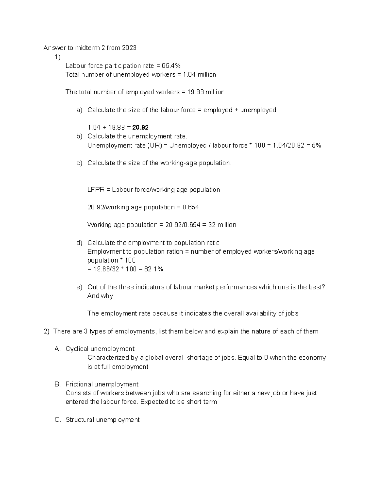 Answer to midterm 2 from 2023 - Answer to midterm 2 from 2023 1) Labour ...