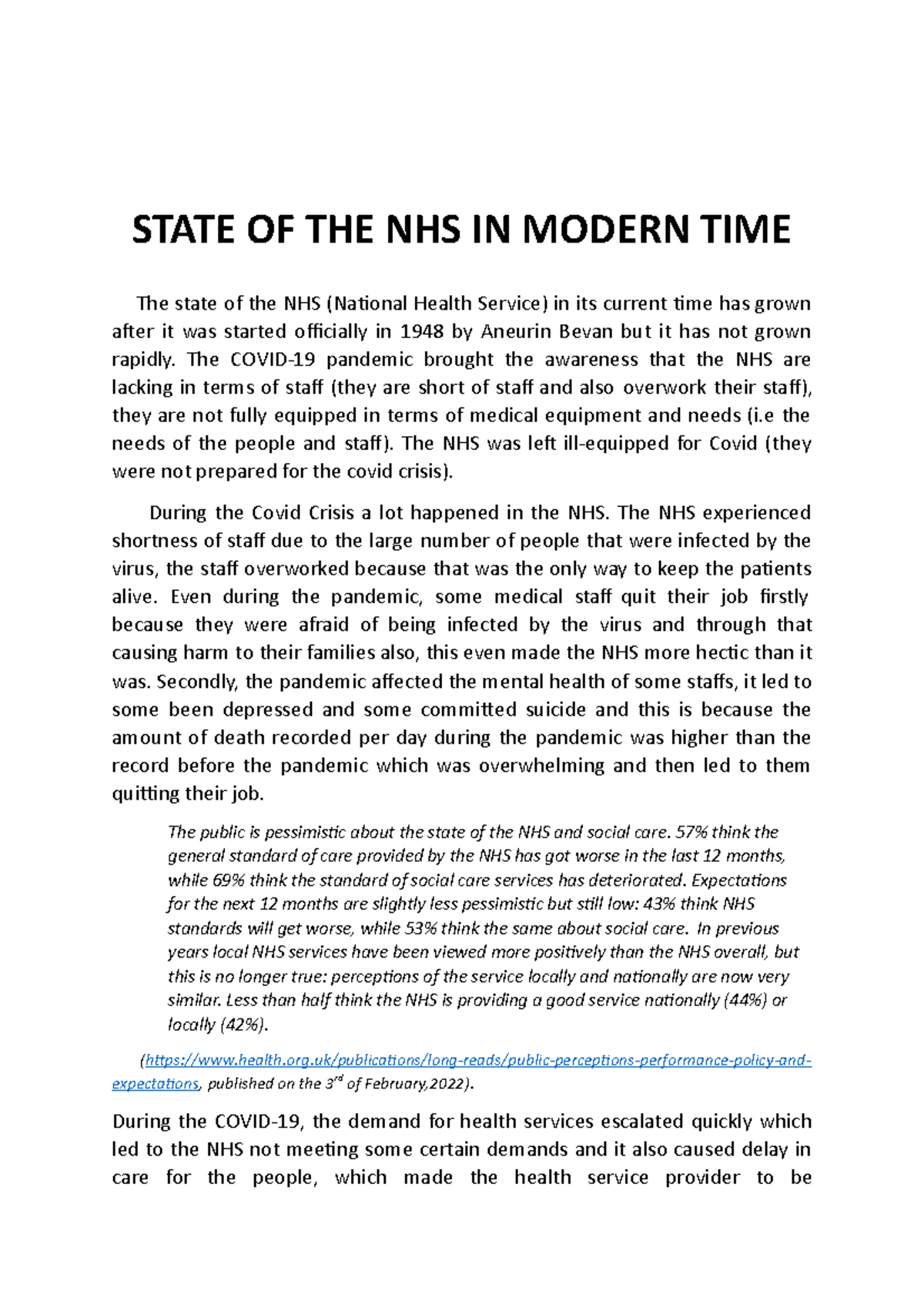 State OF NHS IN Modern TIME STATE OF THE NHS IN MODERN TIME The state of the NHS (National