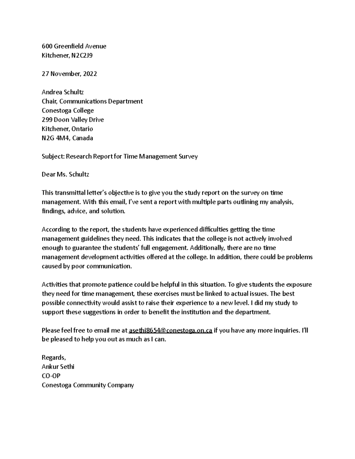 Research report - Schultz This transmittal letter's objective is to ...