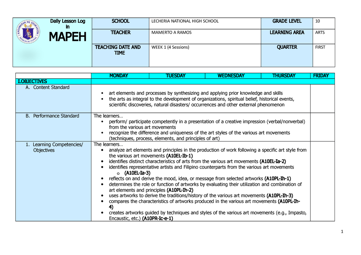 Q1 Grade 10 ARTS DLL Week 1 - Daily Lesson Log In MAPEH SCHOOL LECHERIA ...