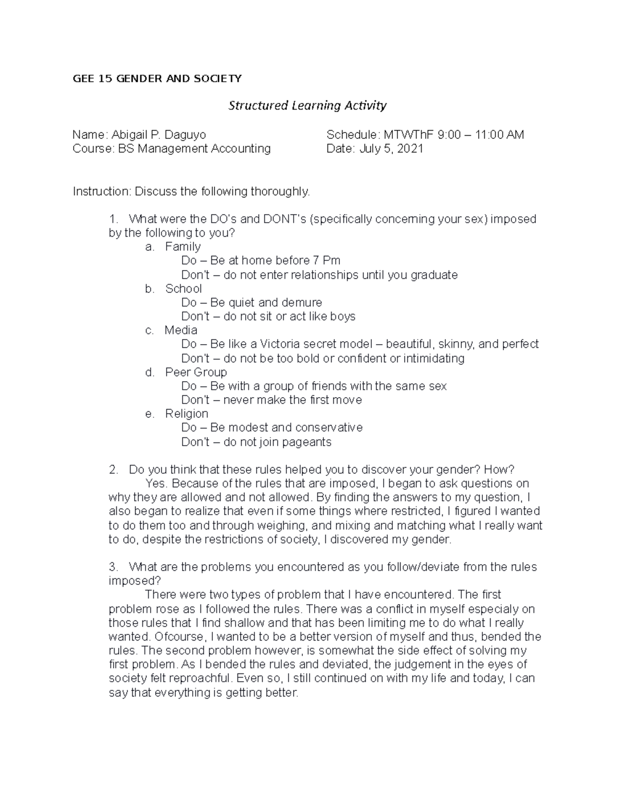 Chapter 2 Pre-chapter Activity - Gender and Society - Studocu