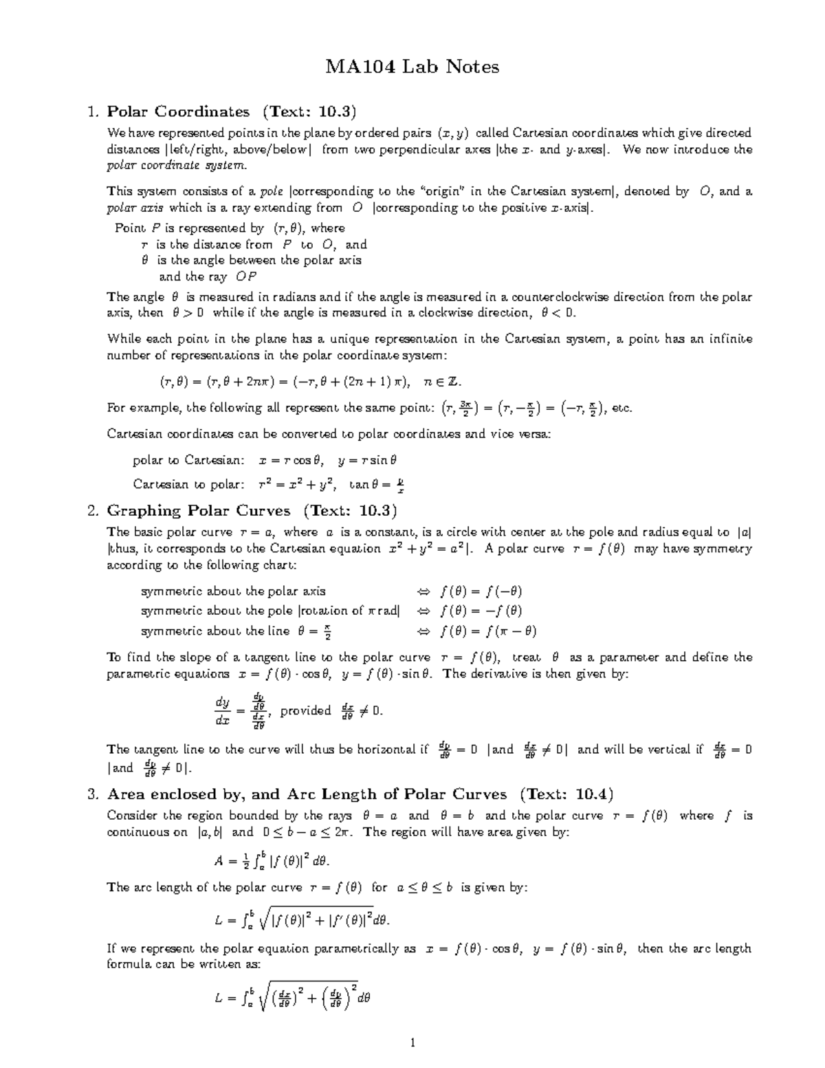 Lab 5 Notes - Dr.Snudden - MA104 Lab Notes 1 Coordinates (Text: 10) We ...