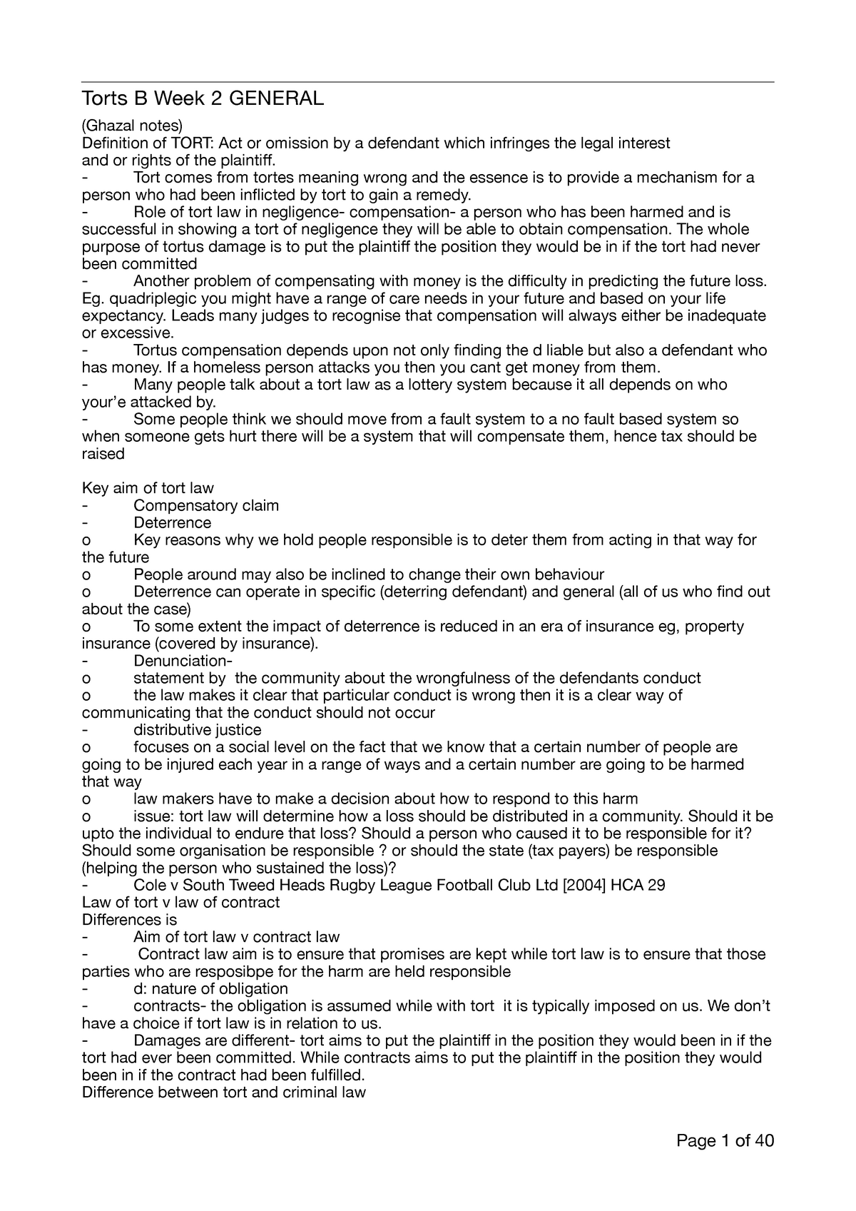 Torts B Final Notes - Received High Distinction, Formula/scaffold To ...