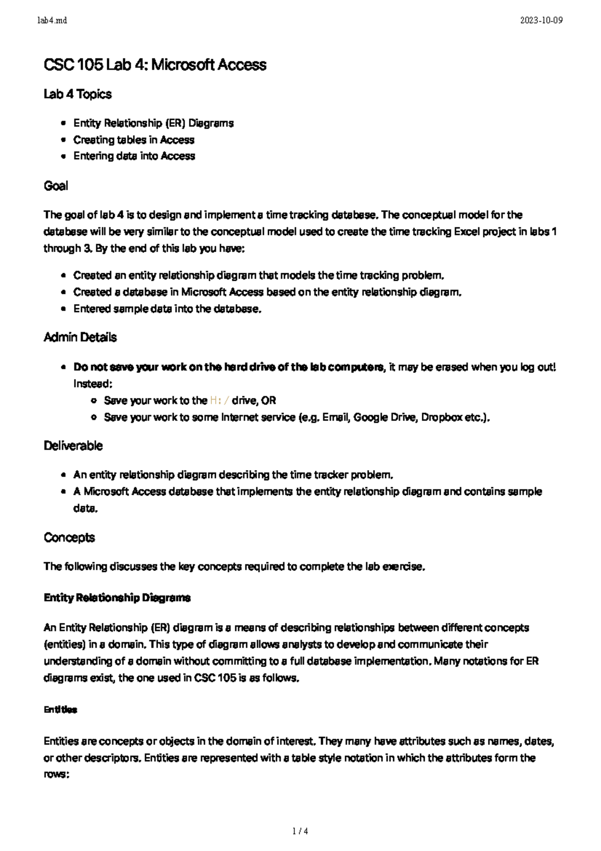 Lab4 - good luck - CSC 105 Lab 4: Microsoft Access Lab 4 Topics Entity ...