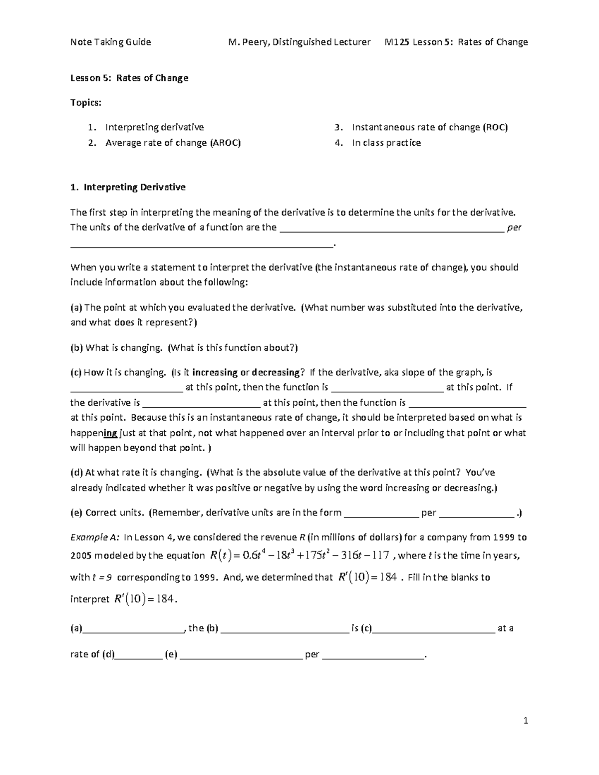 L5 Rates of Change - Lesson 5 - Lesson 5: Rates of Change Topics ...
