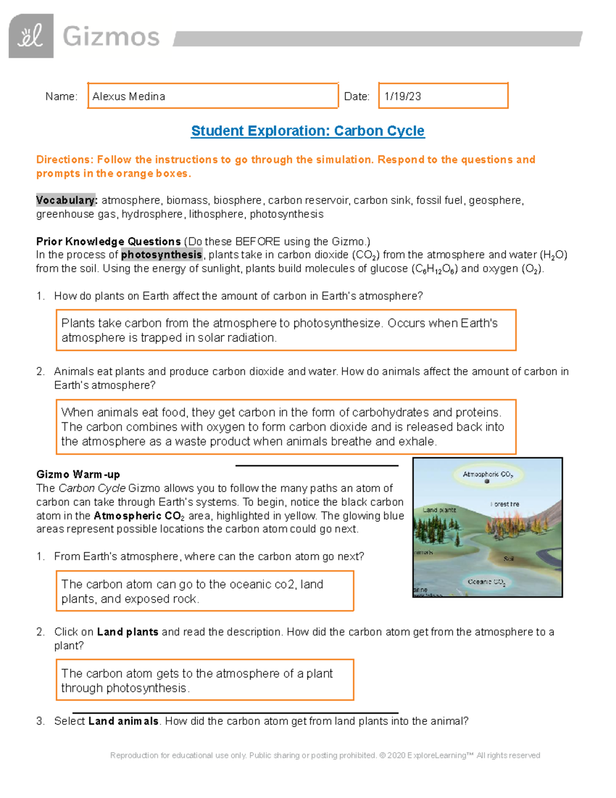 Gizmo Carbon Cycle Name Alexus Medina Date 1/19/ Student