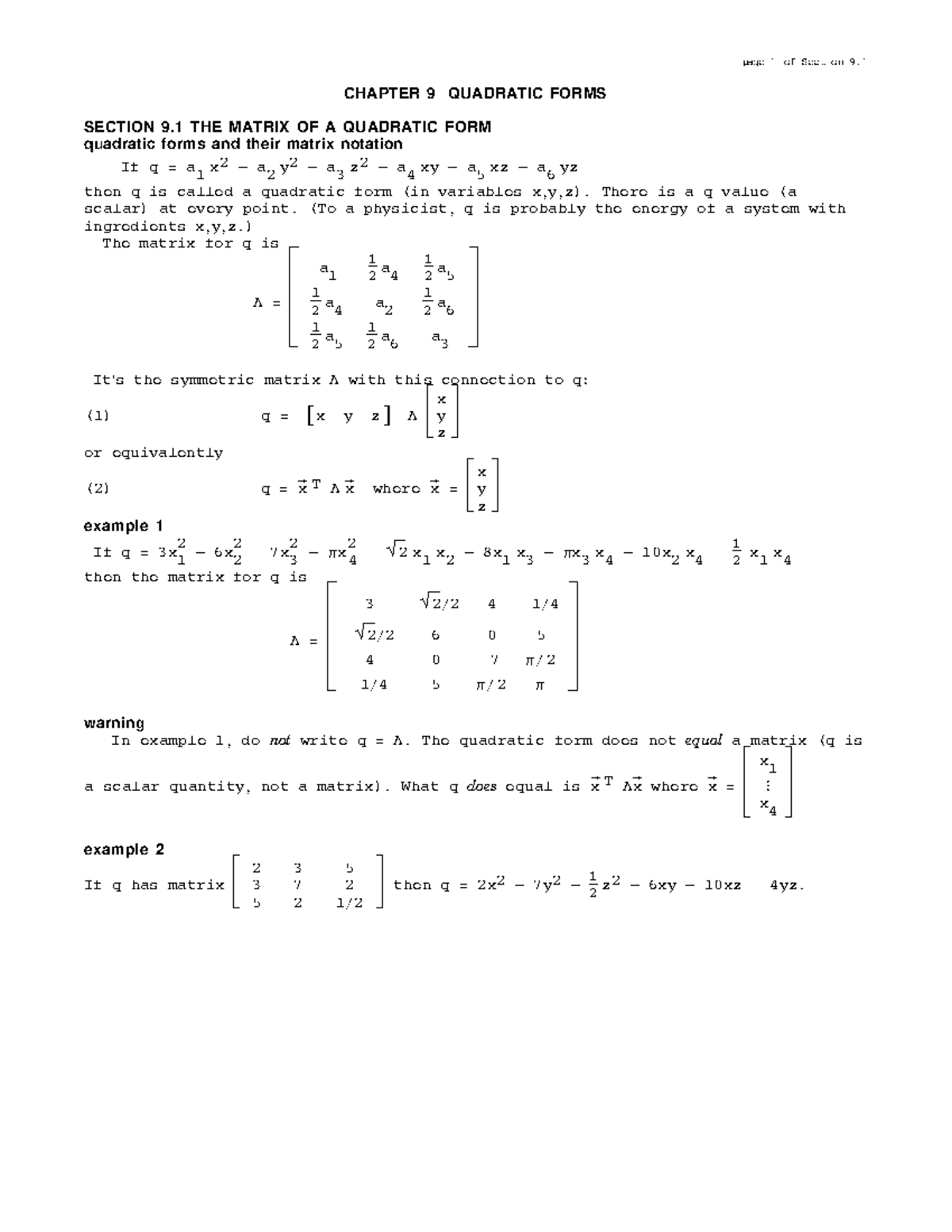 Matrix of quadratic form - CHAPTER 9 QUADRATIC FORMS SECTION 9 THE ...