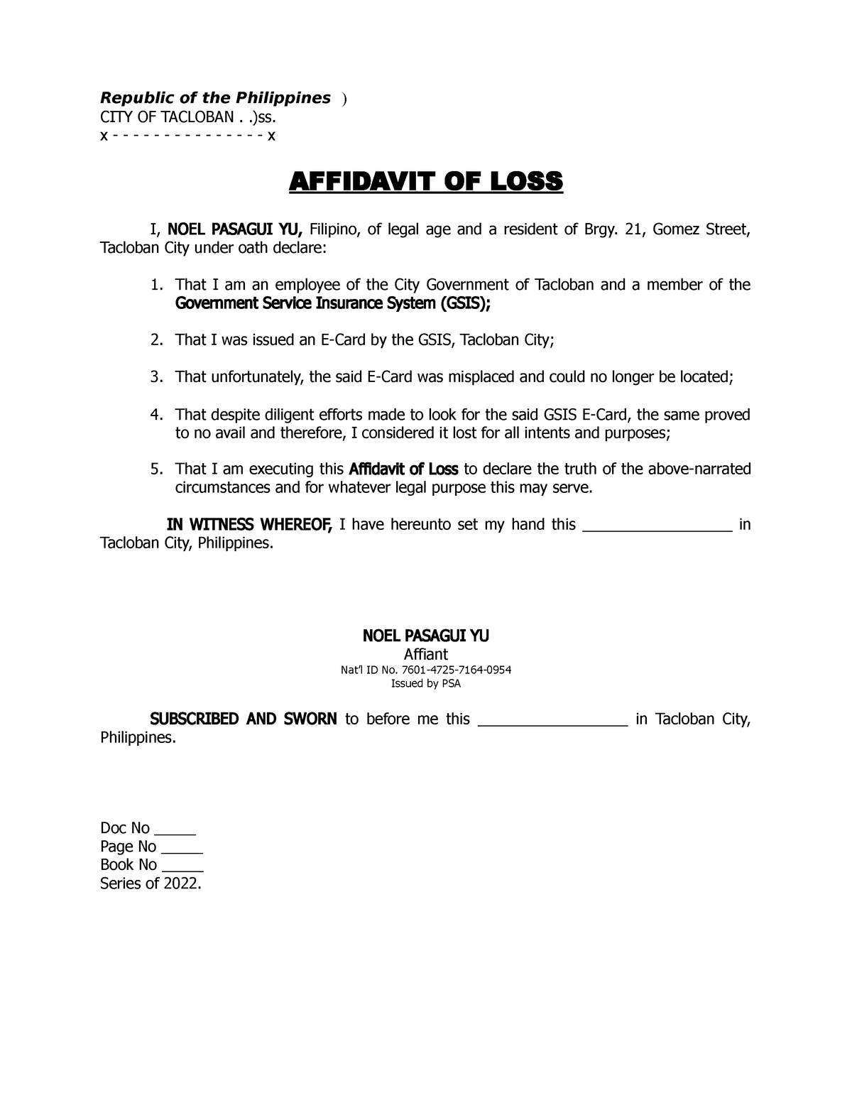 Affidavit Of Loss Ecard Of Noel Yu Republic Of The Philippines City Of Tacloban Ss X 0617